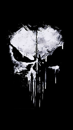 Punisher Skull Logo in White Paint Splatter Style on Black Background HD phone wallpaper