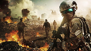 Battlefield 4 Soldiers Advancing Through War Zone Destruction and Fire HD wallpaper