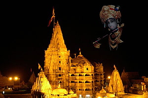 Dwarkadhish Temple at Night with Lord Krishna Illustration HD wallpaper