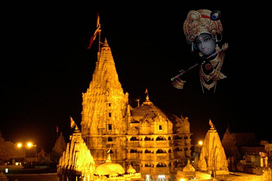 Dwarkadhish Temple at Night with Lord Krishna Illustration HD wallpaper