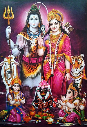 Lord Shiva and Parvati with Ganesha and Kartikeya Hindu Deity Art HD phone wallpaper