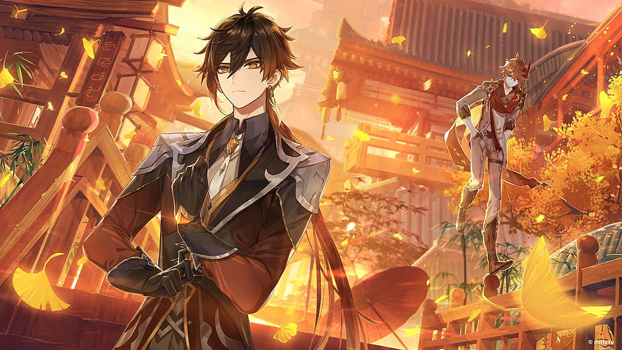 Genshin Impact Aether and Paimon in Autumn Liyue Harbor with Golden Ginkgo Leaves HD wallpaper