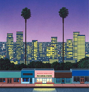 Vibrant Retro Illustration of a Record Store with City Skyline and Palm Trees at Dusk HD phone wallpaper
