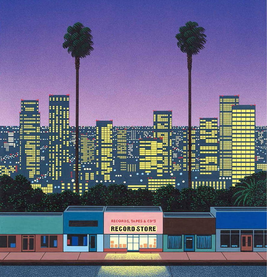 Vibrant Retro Illustration of a Record Store with City Skyline and Palm Trees at Dusk HD phone wallpaper