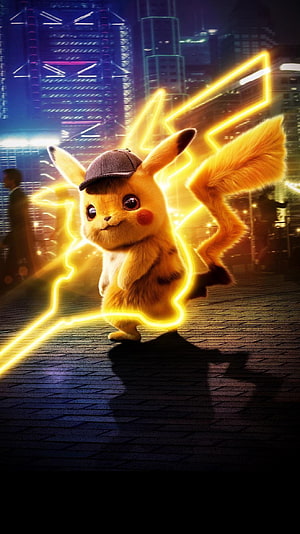Detective Pikachu Running with Electric Aura in Neon City Night HD phone wallpaper