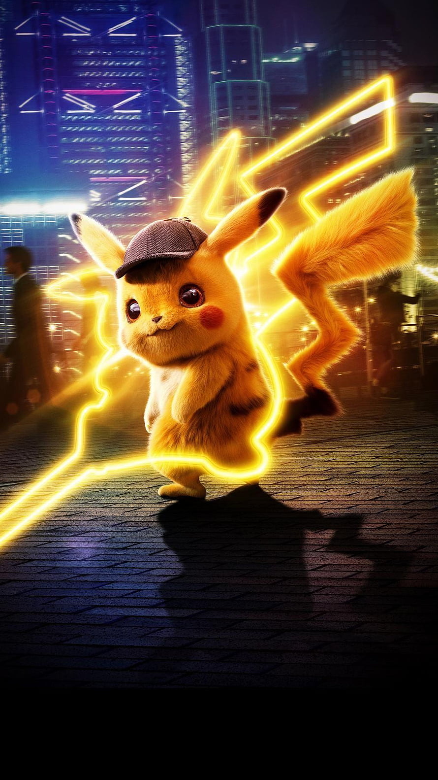 Detective Pikachu Running with Electric Aura in Neon City Night HD phone wallpaper