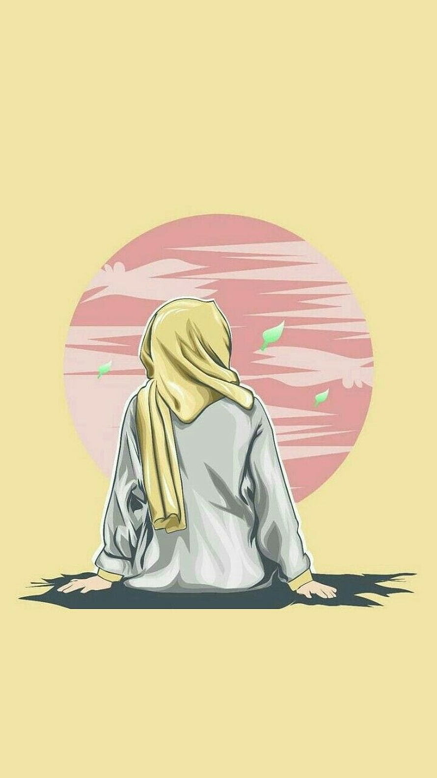 Anime Girl Wearing Hijab Sitting Before a Pink Circular Sky with Floating Leaves HD phone wallpaper