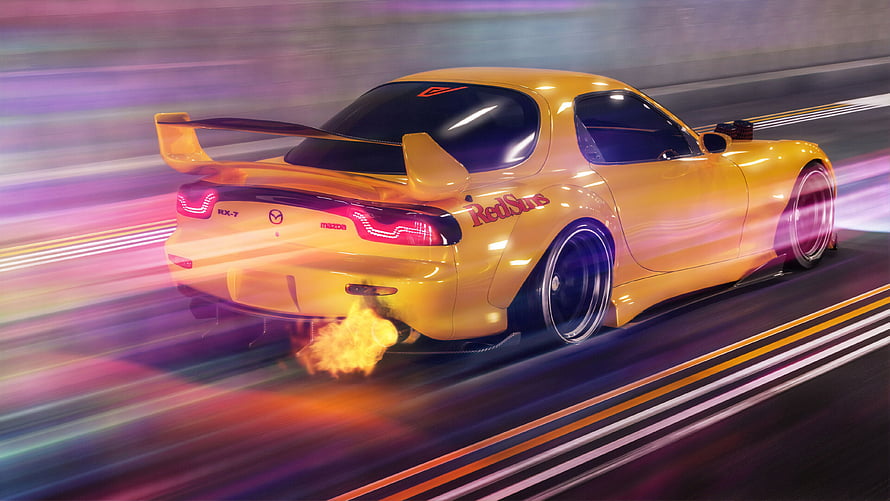 Mazda RX-7 RedSuns JDM Drift Car with Rear Spoiler and Exhaust Flames HD wallpaper