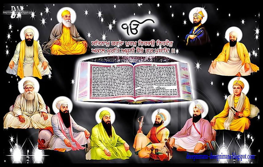 Ten Sikh Gurus Surrounding Open Guru Granth Sahib Scripture HD wallpaper
