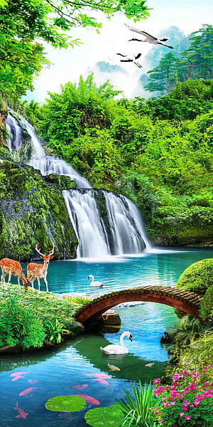 Serene Fantasy Landscape With Waterfall, Deer, Swans, and Koi Pond HD phone wallpaper