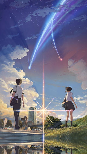 Your Name Anime Illustration of Taki and Mitsuha Watching a Comet Split the Sky HD phone wallpaper