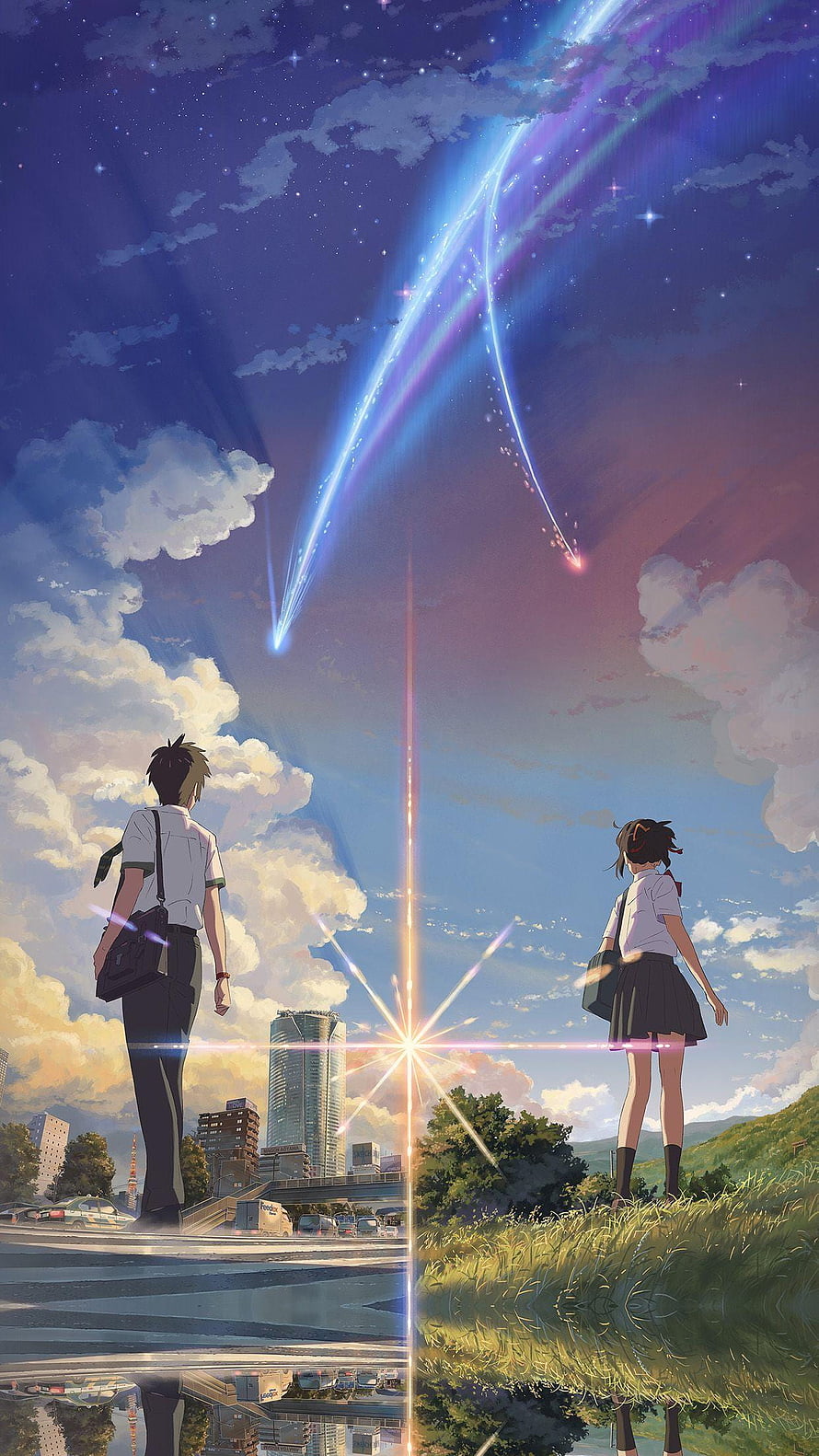 Your Name Anime Illustration of Taki and Mitsuha Watching a Comet Split the Sky HD phone wallpaper