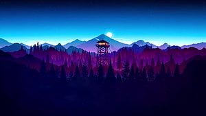 Firewatch Tower Live: Stylized Nighttime Forest and Mountain Landscape with Glowing Watchtower HD wallpaper