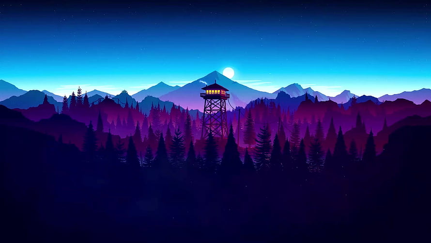 Firewatch Tower Live: Stylized Nighttime Forest and Mountain Landscape with Glowing Watchtower HD wallpaper