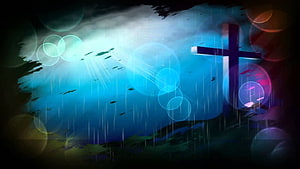 Glowing Christian Cross in Rainy Night with Divine Light Rays and Bokeh HD wallpaper