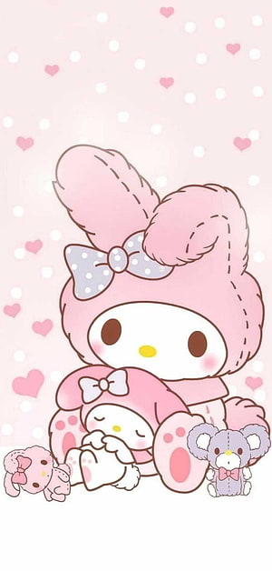 My Melody and Friends in a Soft Pink Kawaii Illustration with Hearts and Polka Dots HD phone wallpaper