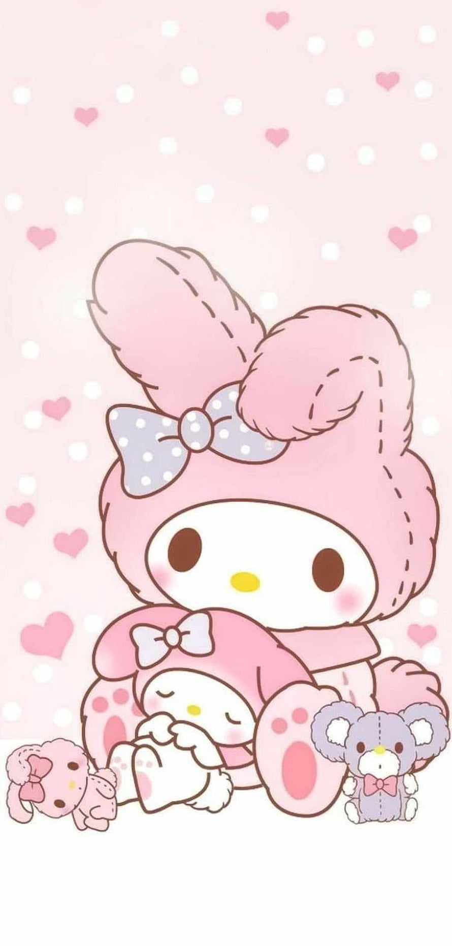 My Melody and Friends in a Soft Pink Kawaii Illustration with Hearts and Polka Dots HD phone wallpaper