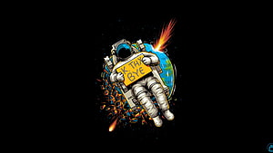 Astronaut Floating in Space Holding Sign with Earth and Debris Behind HD wallpaper