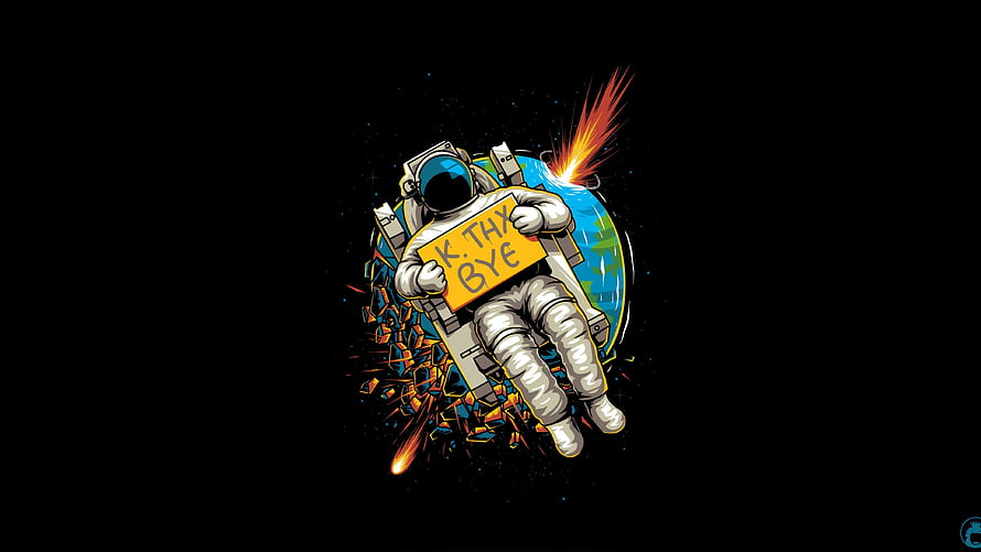 Astronaut Floating in Space Holding Sign with Earth and Debris Behind HD wallpaper
