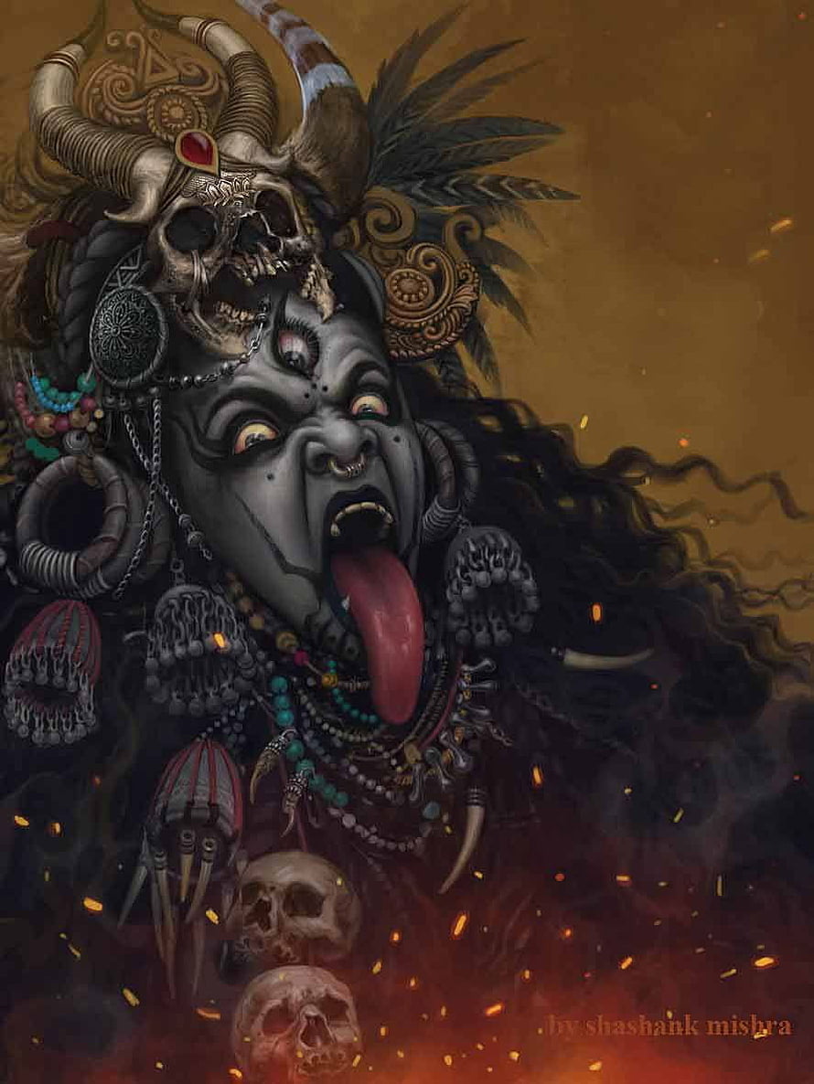 Kali Ma Dark Fantasy Portrait with Skulls and Horns by Shashank Mishra HD phone wallpaper