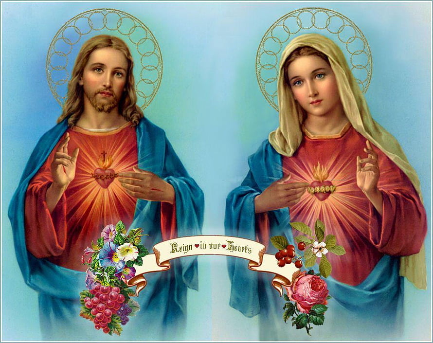 Sacred Hearts of Jesus and Mary Religious Art with Halos and Flowers HD wallpaper