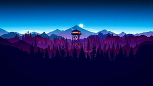 Nighttime Mountain Landscape With Glowing Fire Lookout Tower And Pine Forest HD wallpaper