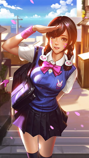 Anime Girl in School Uniform with Bunny Hair Clips and Pink Bow HD phone wallpaper