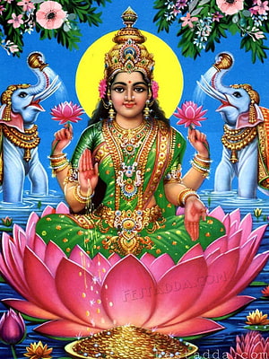 Goddess Lakshmi Seated on Lotus with Elephants Pouring Water in Traditional Indian Art HD phone wallpaper