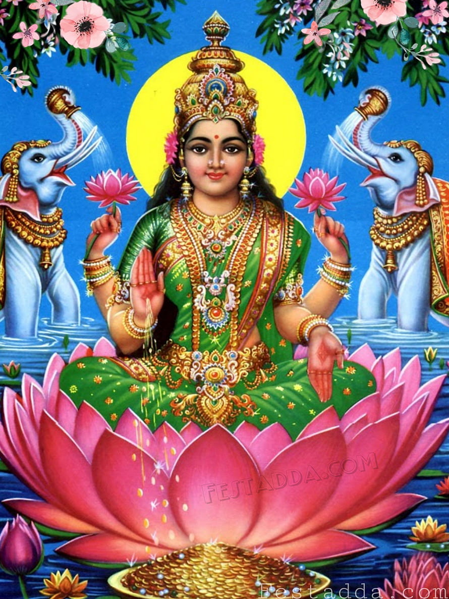Goddess Lakshmi Seated on Lotus with Elephants Pouring Water in Traditional Indian Art HD phone wallpaper