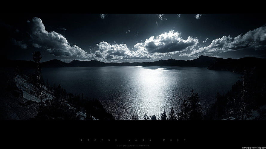 Crater Lake West Panoramic View with Dramatic Clouds and Sunlit Water Reflection HD wallpaper