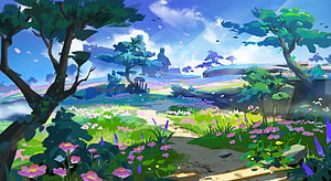 Genshin Impact Inazuma Concept Art: Vibrant Flower Fields and Serene Landscape HD wallpaper