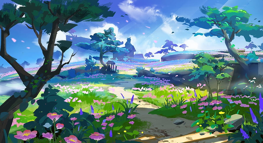 Genshin Impact Inazuma Concept Art: Vibrant Flower Fields and Serene Landscape HD wallpaper