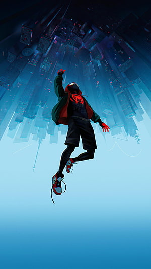 Miles Morales Spider-Man Leaping Through Upside-Down City Skyline, spider man into the spider verse HD phone wallpaper