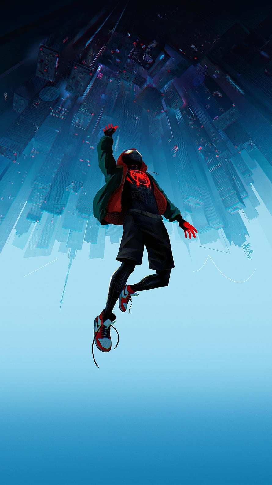 Miles Morales Spider-Man Leaping Through Upside-Down City Skyline, spider man into the spider verse HD phone wallpaper