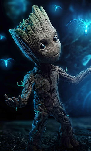 Baby Groot from Guardians of the Galaxy in a Dark Fantasy Setting with Glowing Blue Particles HD phone wallpaper