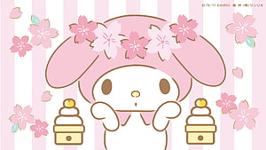 My Melody Sanrio Character Wearing Cherry Blossom Crown with Traditional Japanese Sweets HD wallpaper