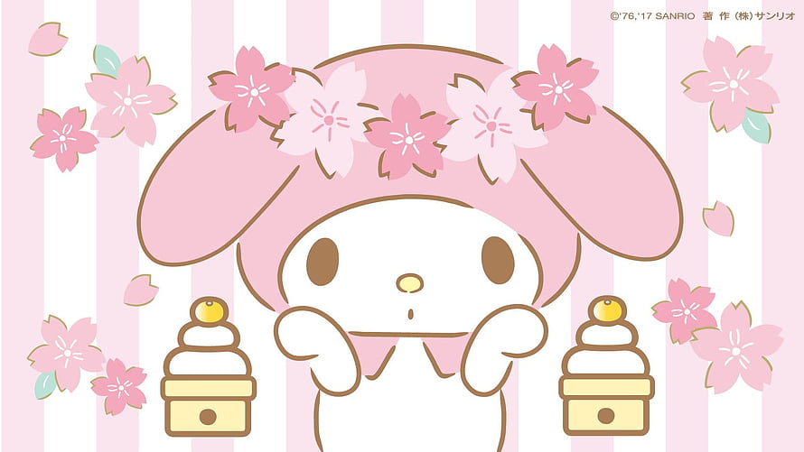 My Melody Sanrio Character Wearing Cherry Blossom Crown with Traditional Japanese Sweets HD wallpaper