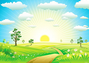 Sunny Green Meadow with Winding Path and Scattered Trees HD wallpaper