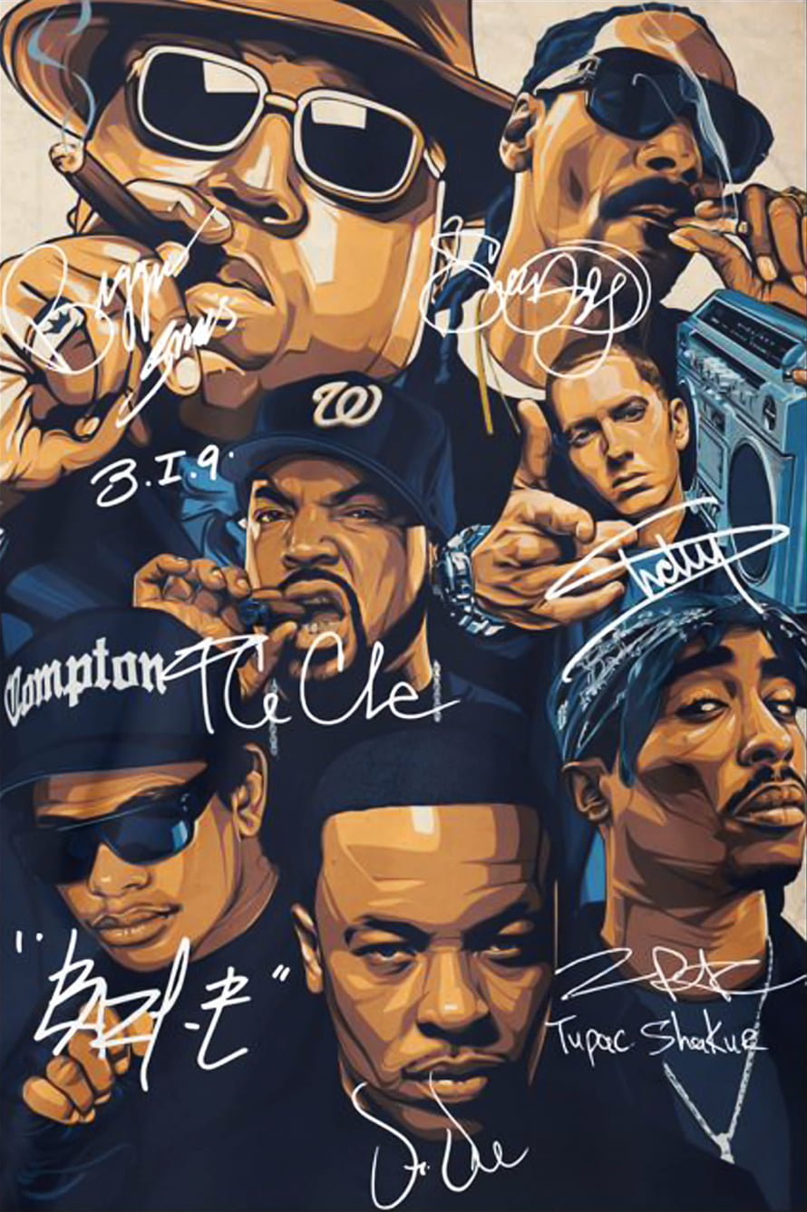 Tribute to Hip Hop Legends: Tupac, Biggie, Dr. Dre, Snoop Dogg, and Eminem Artwork HD phone wallpaper