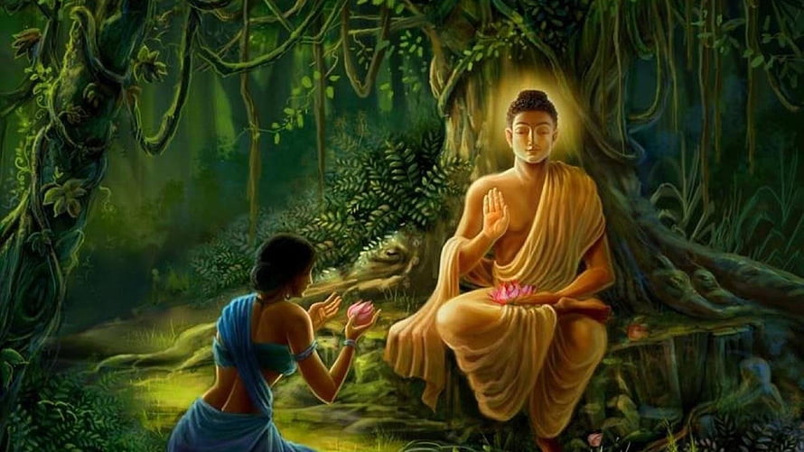 Gautama Buddha seated in a lush forest with a devotee offering a lotus flower HD wallpaper