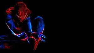 Neon Wireframe Spider-Man Crouching in Red and Blue Light on Black Background, For PC, cool pc HD wallpaper