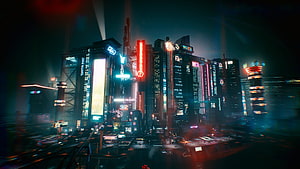 Futuristic Cyberpunk Cityscape at Night with Neon Lights and Skyscrapers HD wallpaper