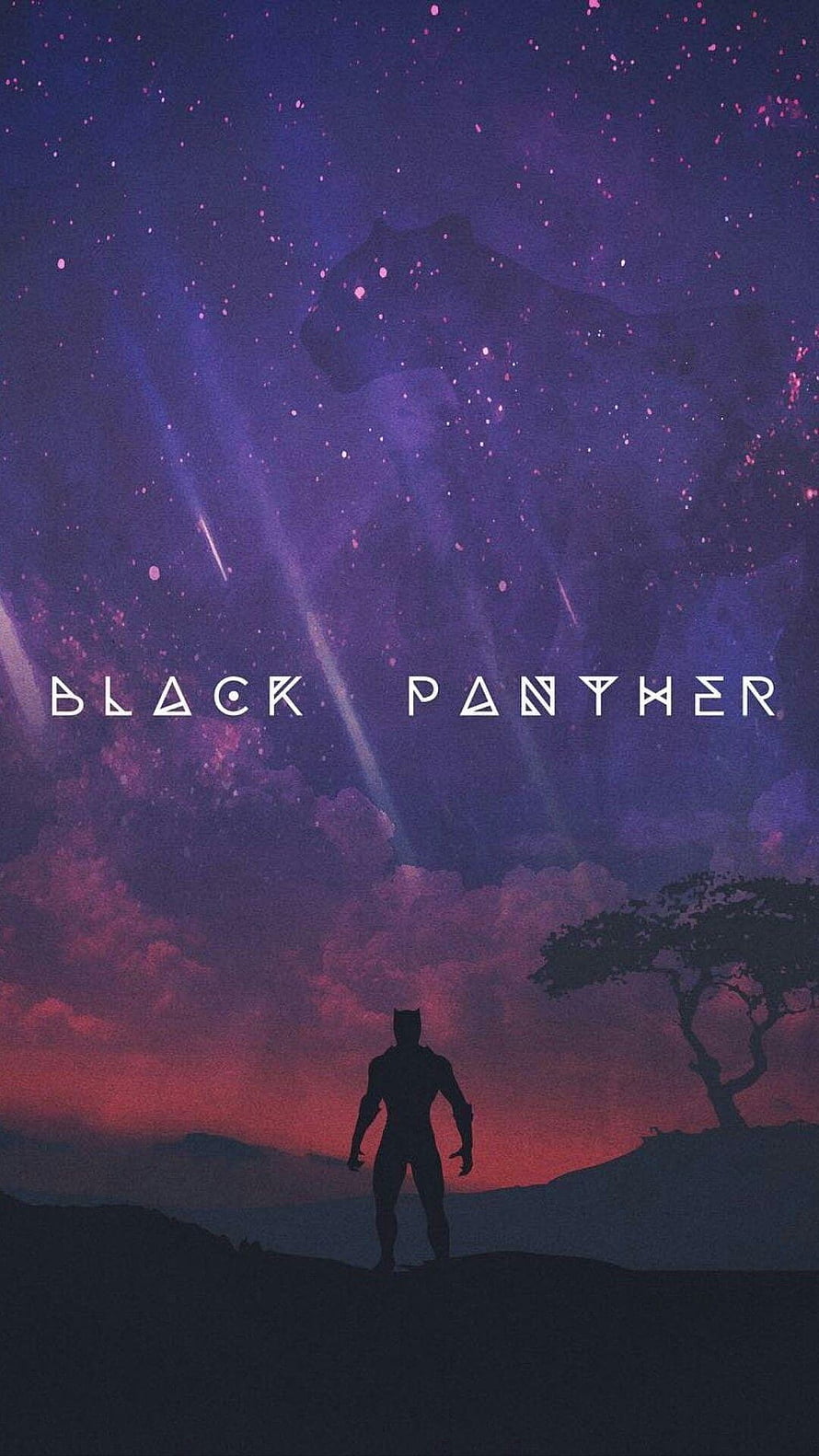 Black Panther Silhouette Standing Under a Starry Purple Sky with a Giant Panther Shadow HD phone wallpaper