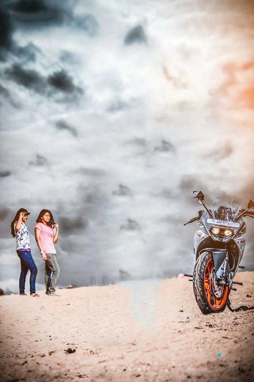 Two Women and a Sport Motorcycle on a Misty Mountain Ridge HD phone wallpaper