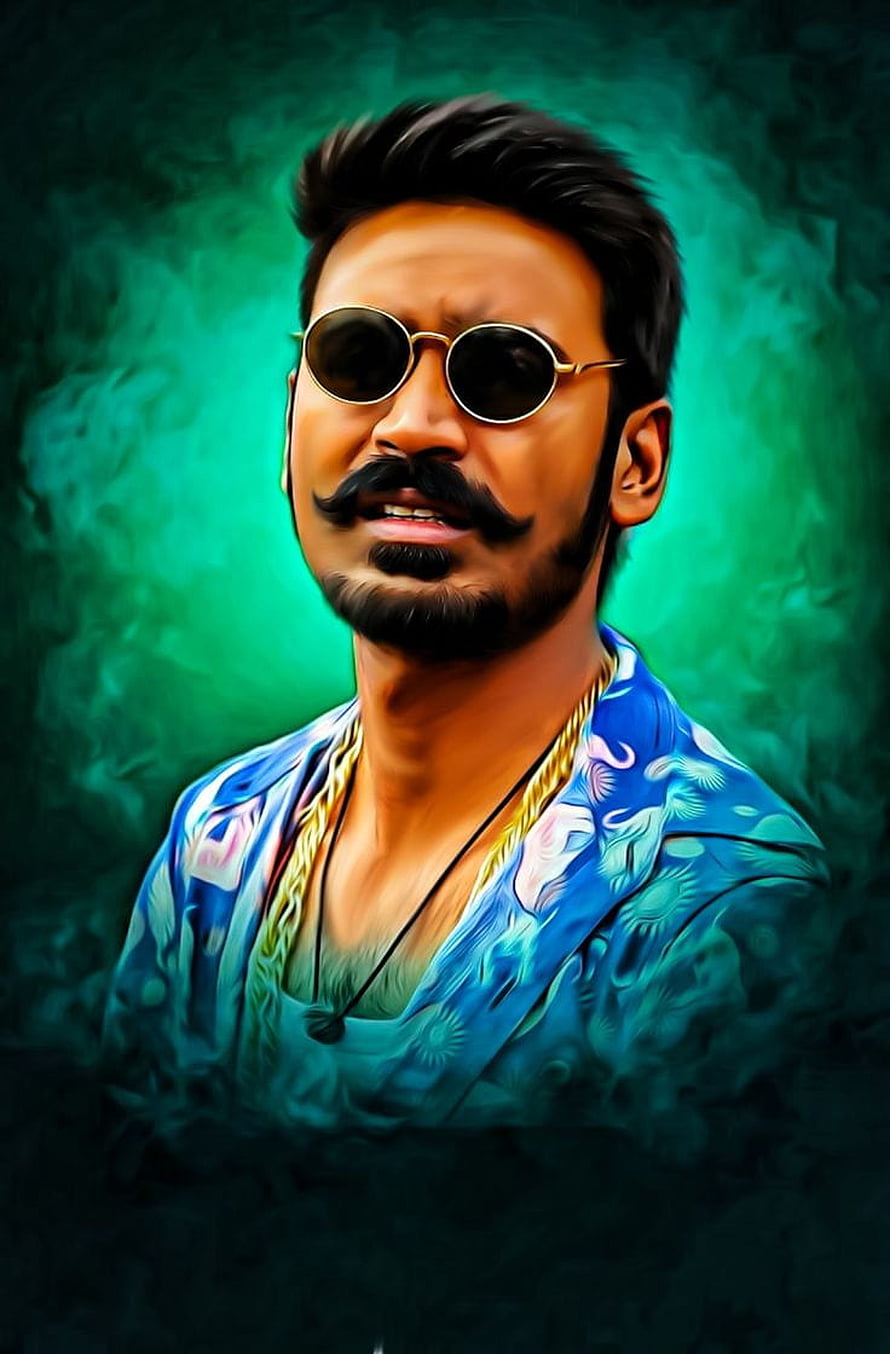 Dhanush Digital Portrait in Round Sunglasses and Blue Patterned Shirt HD phone wallpaper
