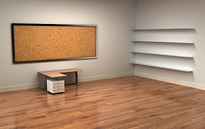 Minimalist Office Interior With Cork Board, L-Shaped Desk, And Wooden Flooring HD wallpaper