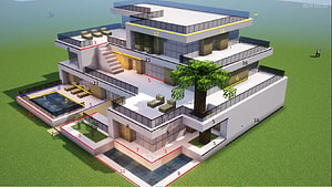 Modern Multi-Story Minecraft House Design With Pool And Rooftop Garden HD wallpaper