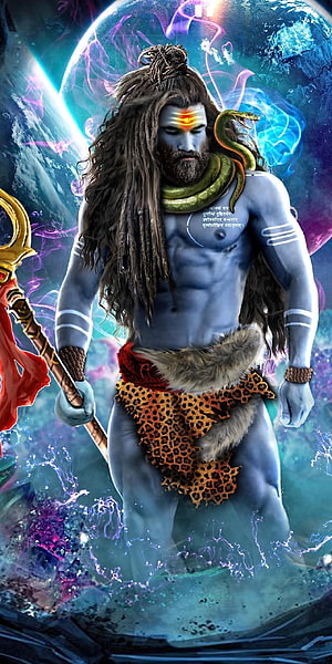 Lord Shiva Blue Skin With Trishul And Snake Cosmic Background HD phone wallpaper