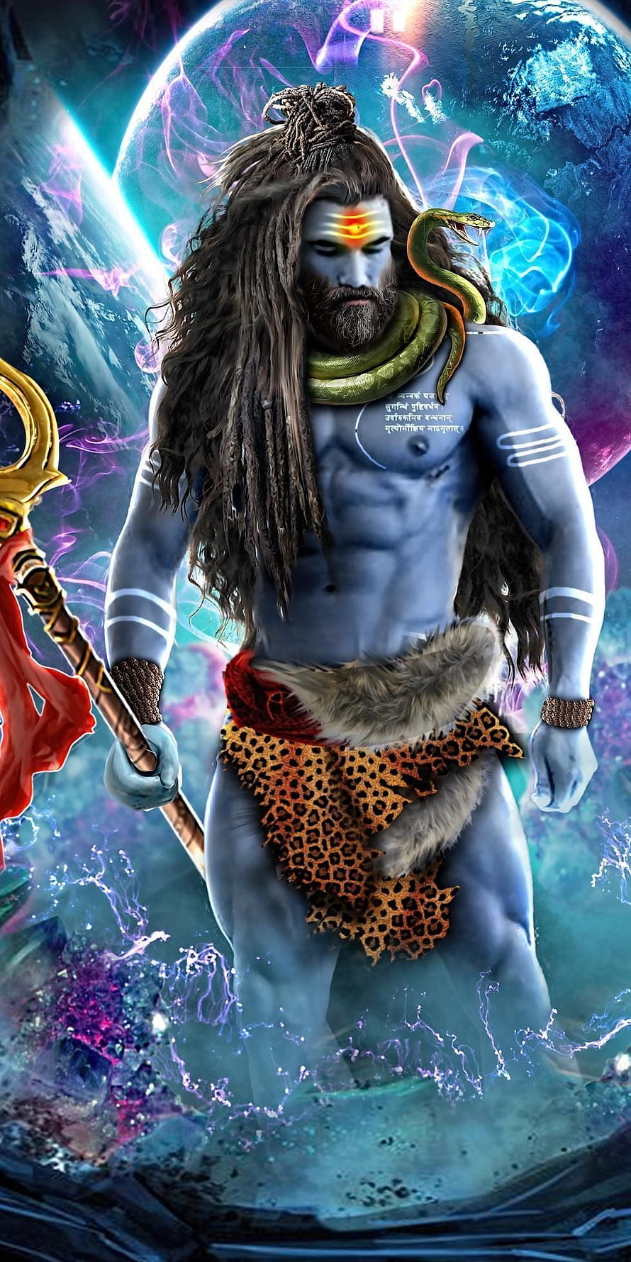 Lord Shiva Blue Skin With Trishul And Snake Cosmic Background HD phone wallpaper
