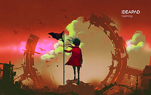 Ideapad Gaming Wallpaper Featuring Girl With Flag In Red Post-Apocalyptic Landscape HD wallpaper